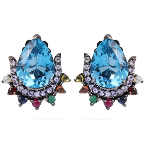 Par de Brinco Linha Premium em Prata 925 com Topazios Azuis, Tanzanitas e Mix de Pedras 198089