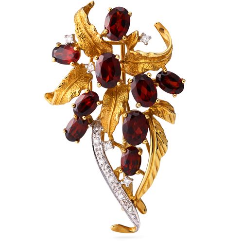 Broche Flor em Ouro Amarelo e Branco Com Granadas e Diamantes 186284