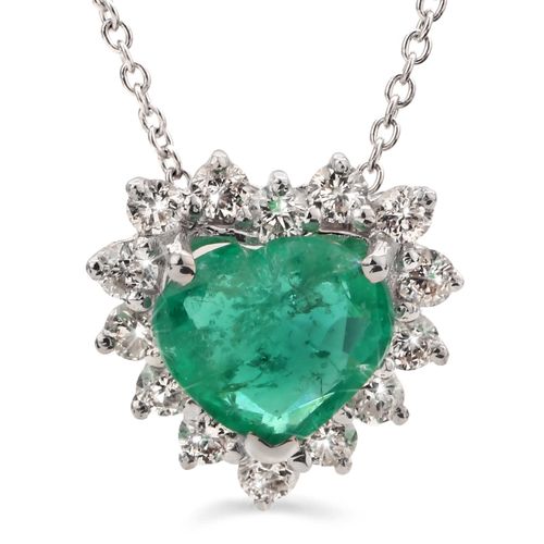 Pingente em Ouro Branco 18k Coração de Esmeralda com Diamantes 191450