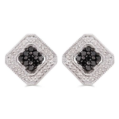Par de Brinco em Prata 925 Losango com Diamantes Negros e Brancos 127444