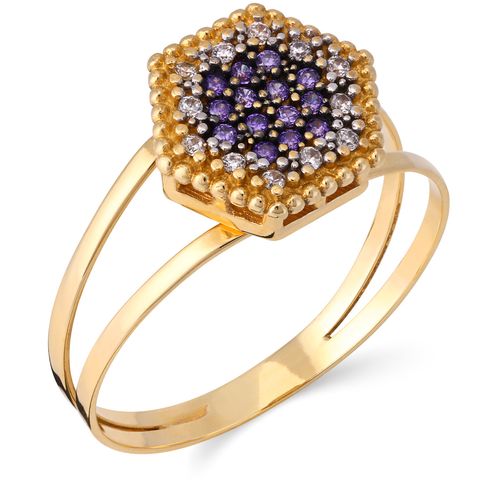 Anel em Ouro Amarelo com Zircônias Brancas e Roxas 178334