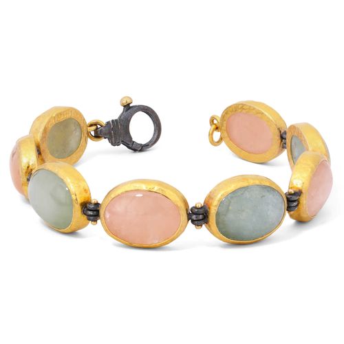 131899-Pulseira Linha Ara Collection em Ouro Amarelo 23,64k e Prata 925 om Água Marinha e Quartzo Rosa 131899