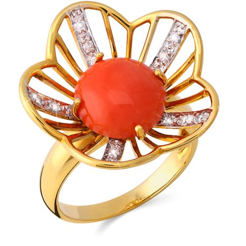 110318 - Anel de Ouro Amarelo 18k Flor com Coral e Diamantes 110318