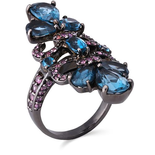 181009-Anel Linha Premium em Prata 925 com Safiras Rosa e Topazio London Blue 181009