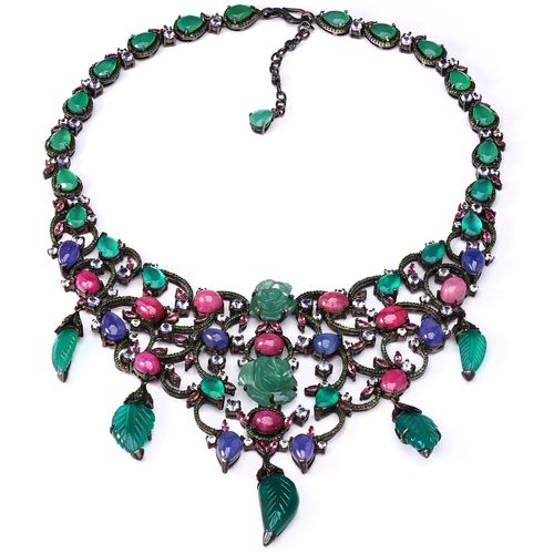 192045-Colar em Prata Luxo Floral com Calcedônias, Iolitas, Tanzanitas, Rubis, Zircônias, Turmalinas Rosas e Chromes 192045