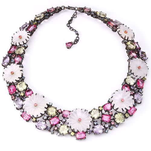 192048-Colar Em  Prata Luxo Floral Mix de Pedras 192048