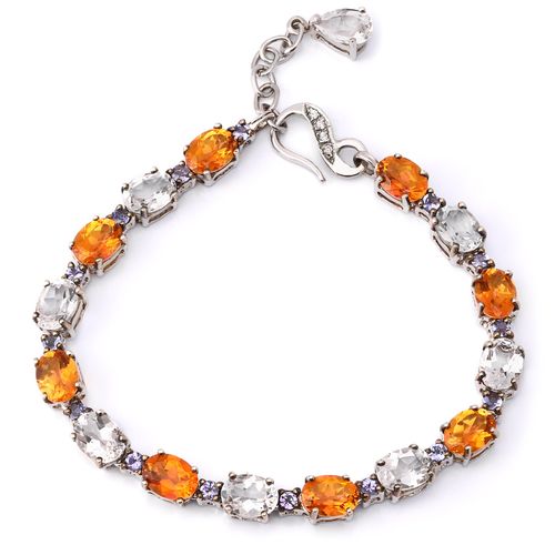 198105-Pulseira Linha Premium em Prata 925 com Quartzo Sunset, Topazio Branco e Tanzanitas 198105