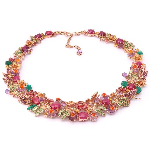 198023-Colar Linha Premium em Prata 925 Floral Com Rubis e Mix de Pedras 198023