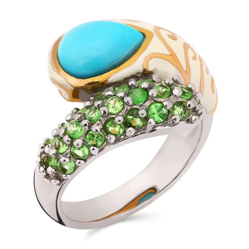 185354-Anel Linha Premium em Prata 925 com Turquesa com Detalhe em Minas e Granadas Verdes 185354