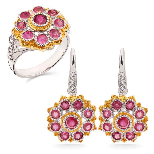 184330-Anel e Brinco Linha Premium em Prata 925 Flor com Rubis 184330