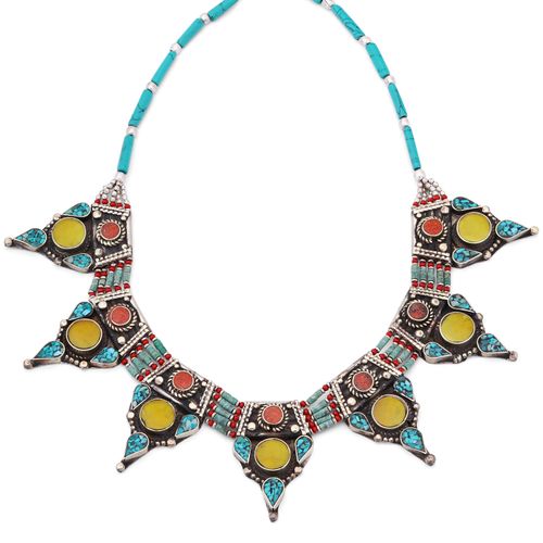 173361-Colar Linha Nepal Com Turquesa, Coral e Ágata 173361
