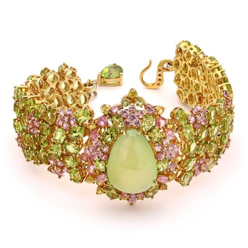 175278-Pulseira Linha Premium em Prata 925 com Prenita, Peridotos e Safiras Rosas 175278