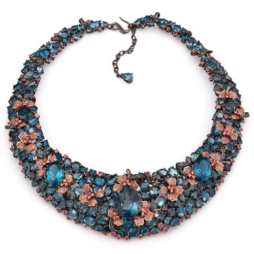 180515-Colar Linha Premium em Prata 925 Floral com Topázio London Blue, Safira Rosa e Safira Azul 180515