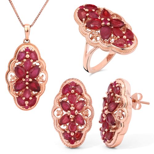 177135-Conjunto de Prata Floral com Banho de Ouro Rosê e Rubis 177135