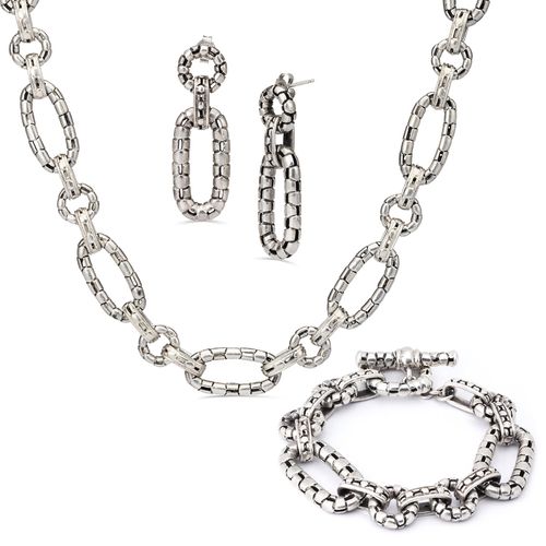128369-Colar Pulseira e Brinco Elos em Prata 925 128369