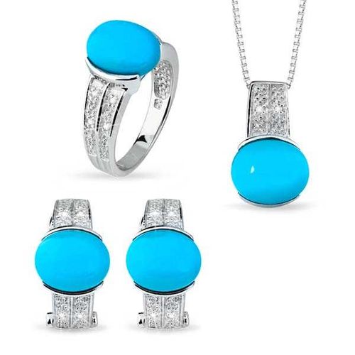 129261-Anel, Brinco e Pingente de Prata 925 com Turquesas e 18 Diamantes 129261
