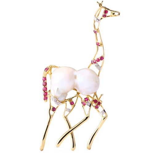 131521-Pingente e broche Girafa em Ouro Amarelo com Madrepérola, Rubis e Diamantes 131521