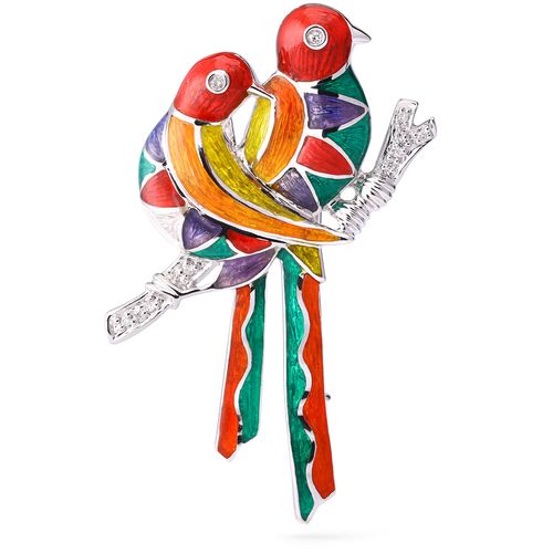 124095-Broche Pingente  em Ouro Branco Com Passáros Emaltados e Diamantes 124095