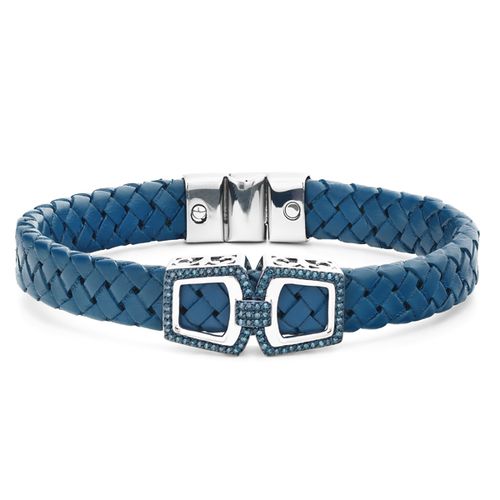 154123-Bracelete em Prata 925 em Couro e Diamantes Azuis 154123