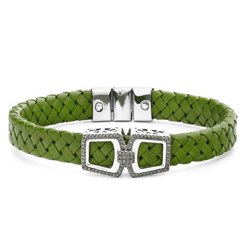 154124-Bracelete em Prata 925 em Couro e Diamantes Verdes 154124