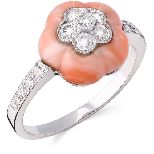 136085-Anel em Ouro Branco 18k Flor com Coral e Diamantes 136085