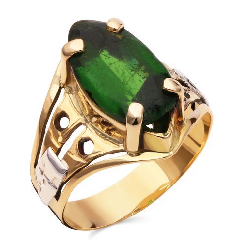 196655-Anel Formatura em Ouro Amarelo 18k com Pedra Navete Sintética Verde 196655