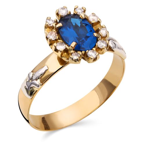 196651-Anel em Ouro Amarelo 18k Formatura Pedras Sinteticas Azul e Brancas 196651