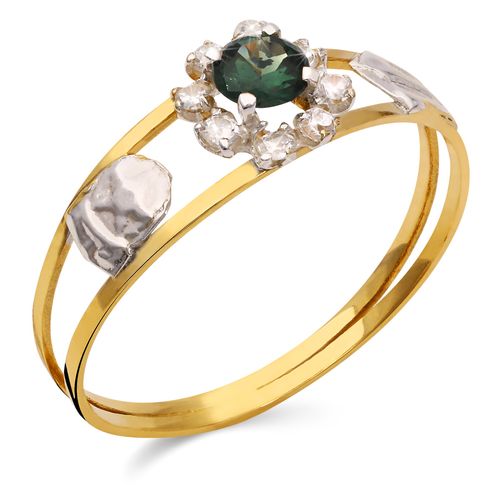 196662-Anel em Ouro Amarelo 18k Formatura Com Pedra Sintética Verde e Brancas 196662