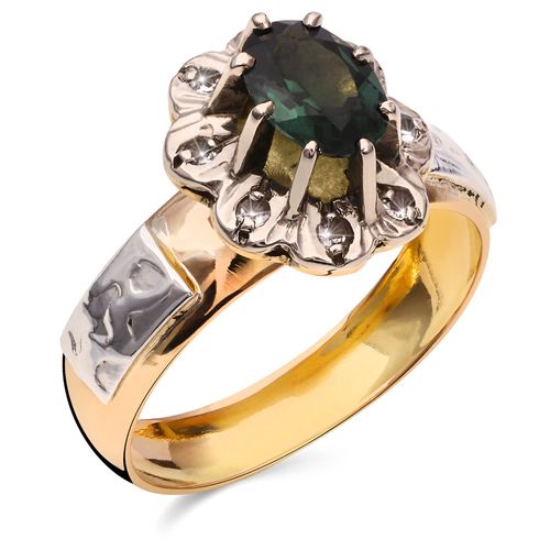 196665-Anel em Ouro Amarelo 18k Formatura Pedra Sintética Verde e Branca 196665