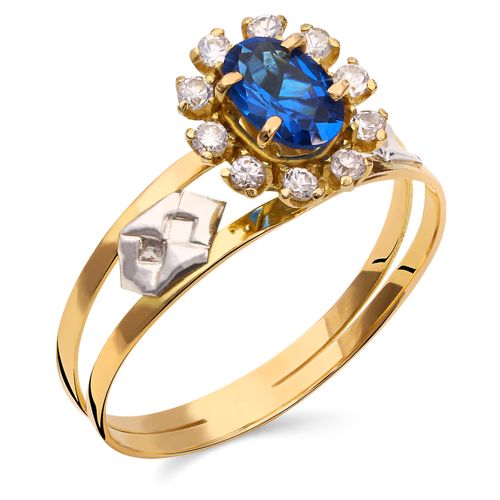 196660-Anel em Ouro Amarelo 18k Formatura Pedras Sintéticas Azul e Brancas 196660