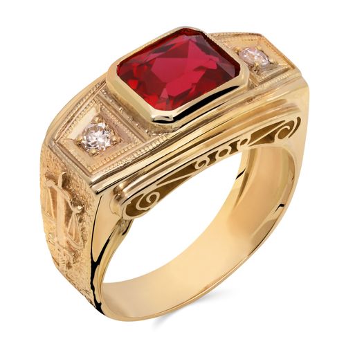 196688-Anel em Ouro Amarelo 18k de Formatura De Direito Pedra Sintética Vermelha e Diamantes 196688
