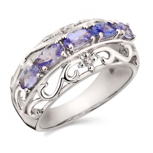 109220-Anel em Prata 925 com 5 Tanzanitas e 2 Diamantes 109220