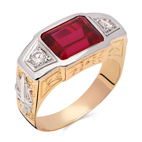 196684-Anel em Ouro Amarelo 18k de Formatura Direito com Pedra Sintetica Vermelha e Diamantes 196684