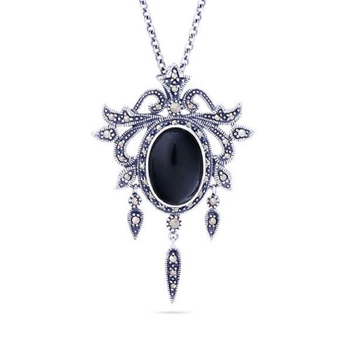 142853-Pingente em Prata 925 Chandelier  com Ônix e Marcassitas 142853