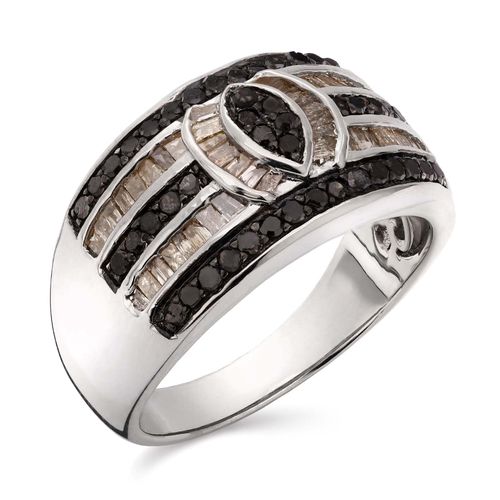 110091-Anel em Prata 925 com Diamantes Negros e Champagnes 110091