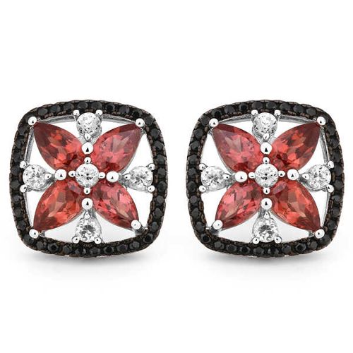 147686-Par de Brinco em Prata 925 Flor com Granadas, Espinélios Negros e Zirconias 147686