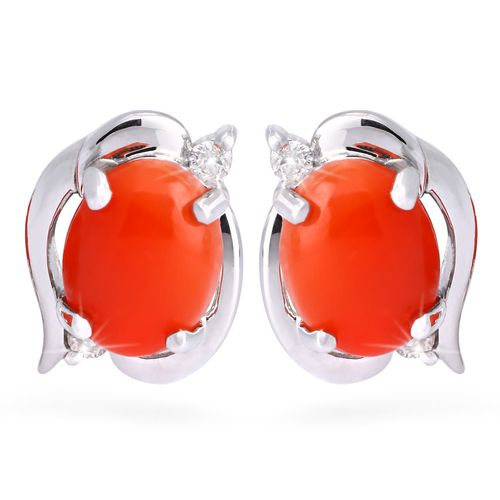 110384-Par de Brinco em Ouro Branco 18k com Coral e Diamantes 110384