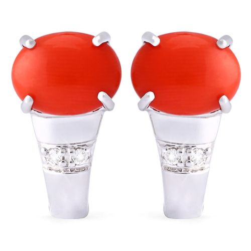 190892-Par de Brinco em Ouro Branco 18k com Coral e Diamantes 190892