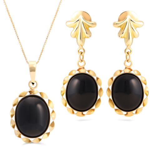 112961-Par de Brinco e Pingente em Ouro Amarelo 18k Ônix Ovais com Corrente 112961