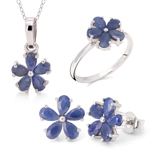 196804-Conjunto em Prata 925 Flor com Safira Azul 196804