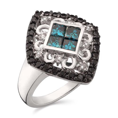 104341-Anel de Prata 925 com Diamantes Azuis, Brancos e Negros 104341