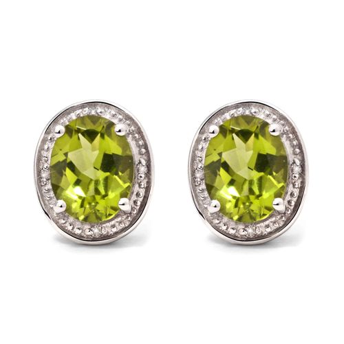 100609-Par de Brinco em Prata 925 Oval com Peridotos e Diamantes 100609